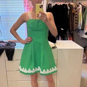 Green Lilly Dress with White Lace Trim